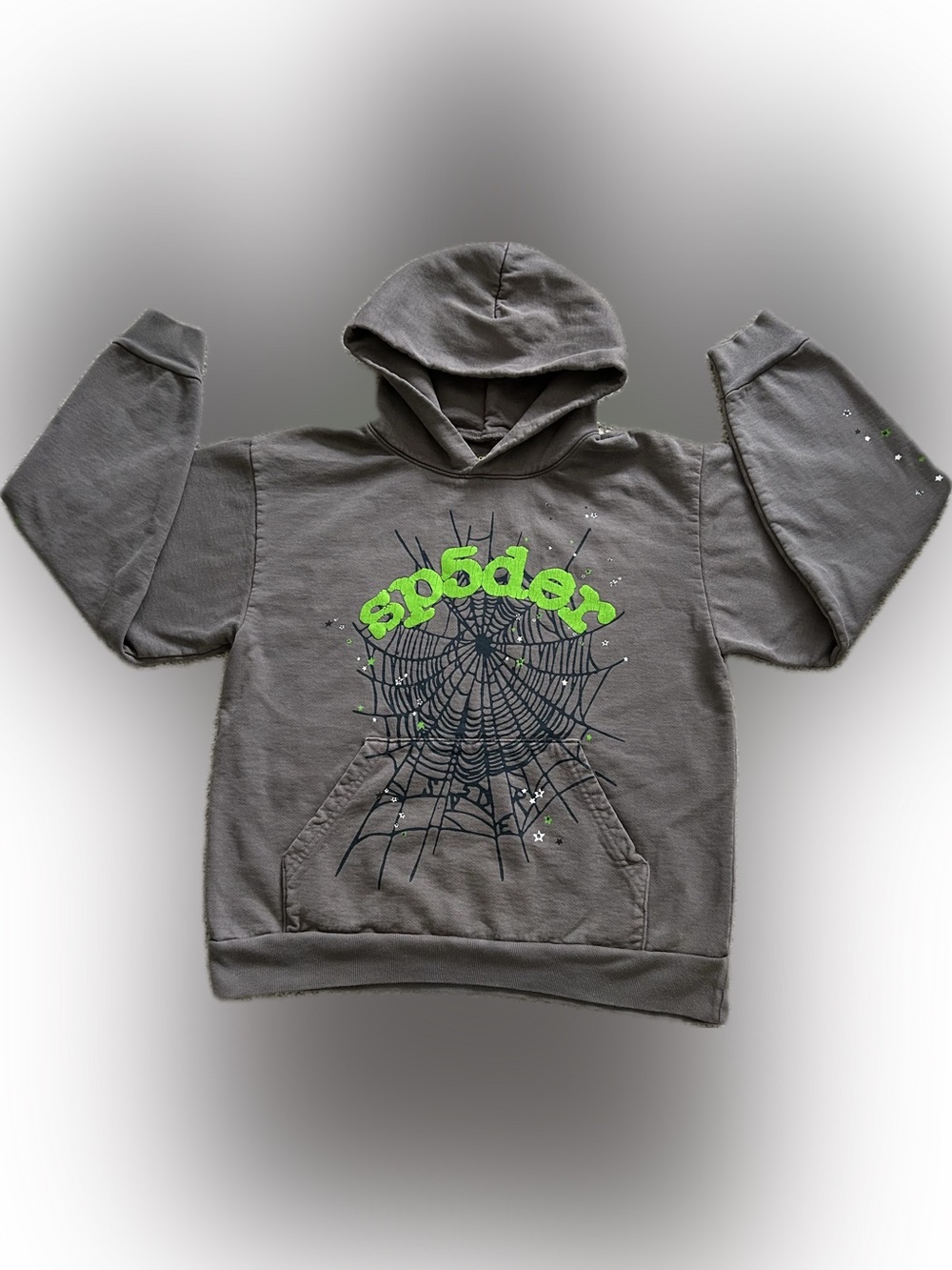 Sp5der Men Gray Hoodie with Neon Green Spider Web Graphic